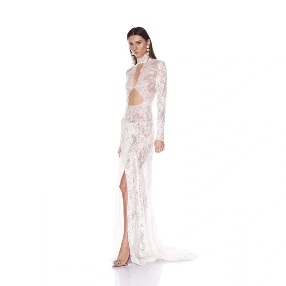 Bronx & Banco Eleanor White Lace Sheer Long Sleeve High Slit Gown L NWOT - Picture 3 of 3
